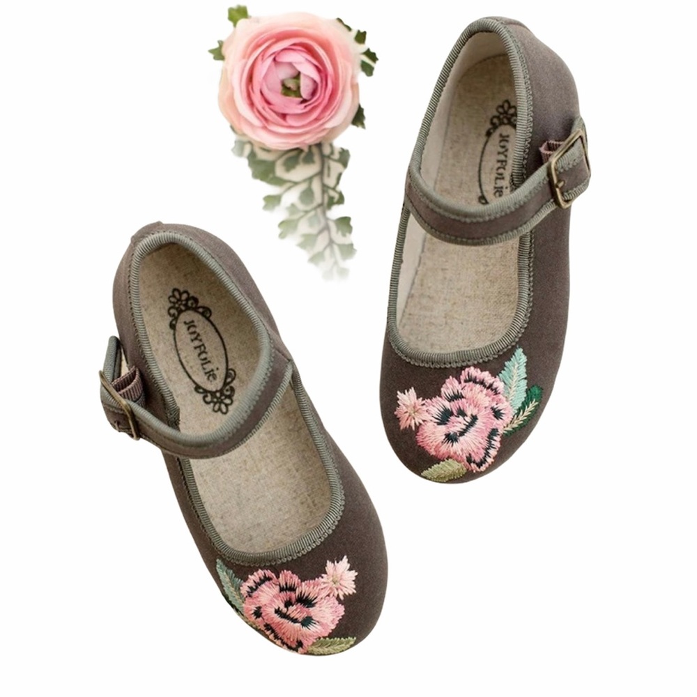 NEW Joyfolie ‘Brielle’ Greige & Pink Embroidered Floral Ballet Flats (3Youth)